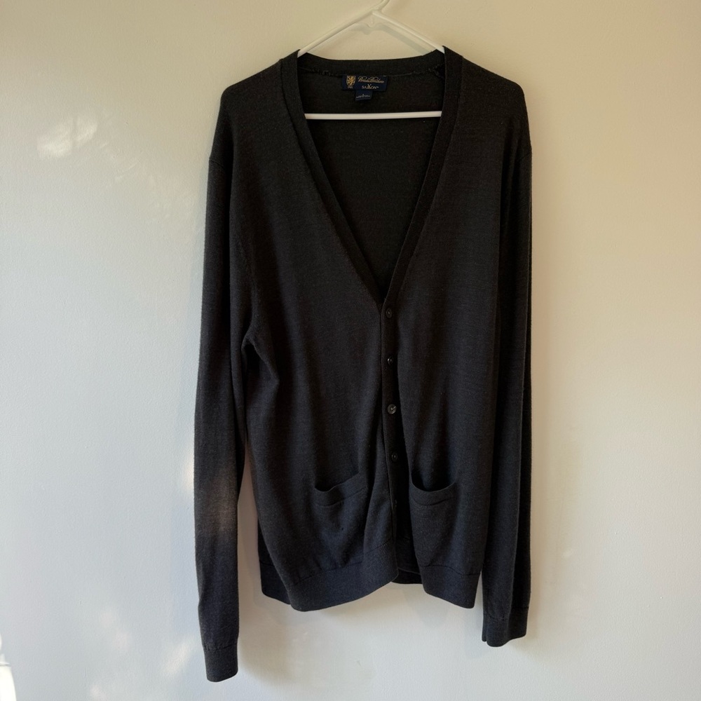 Brooks Brothers Saxxon 100% Wool Cardigan Sweater Gray Men’s Size L